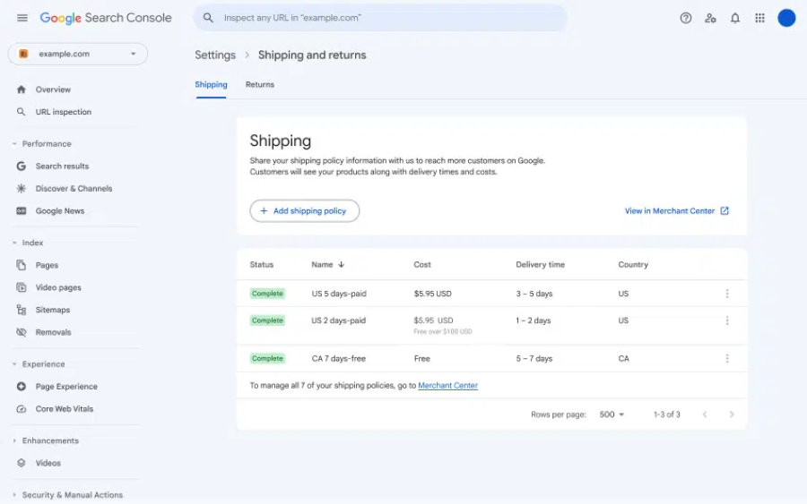 10 shipping and returns search console